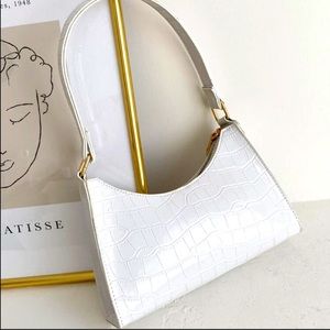 White Faux Crocodile Baguette Bag
